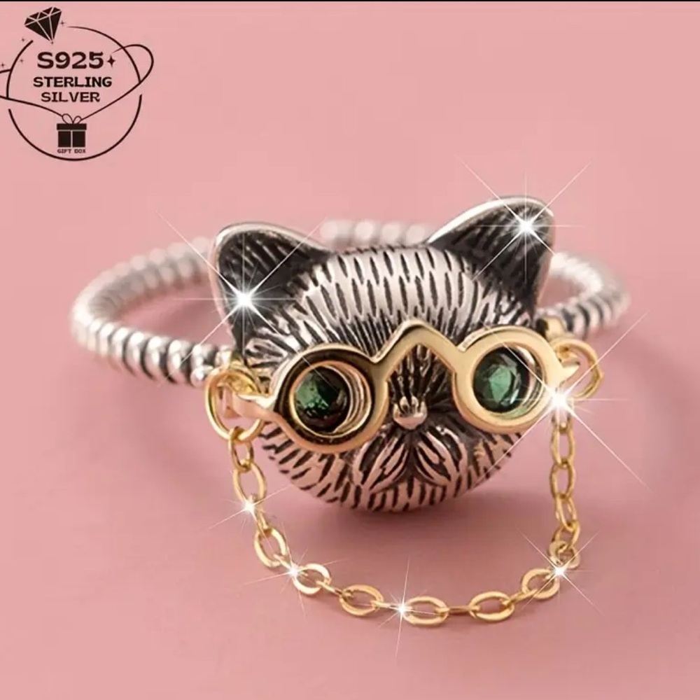 🆕 9.25 Sterling Silver - Cat Ring with Eyeglasses - Gold Chain - Green Accents 😻